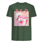 Funny Retro Nineties Japanese Kawaii Strawberry Milk Shake Carton T-Shirt in Military Green - back view