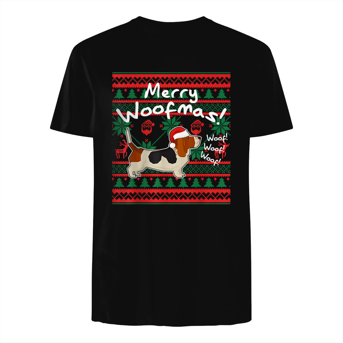 Basset Hound Chemise de Noël Merry Woofmas Père Noël Chien in Black - back view