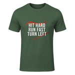 Hit Hard Run Fast Turn Left Funny Baseball Player & Fan T-Shirt in Military Green - front view