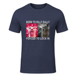 Born to Dilly Dally Forced to Lock in Cat Meme T-Shirt in Heather Navy - front view