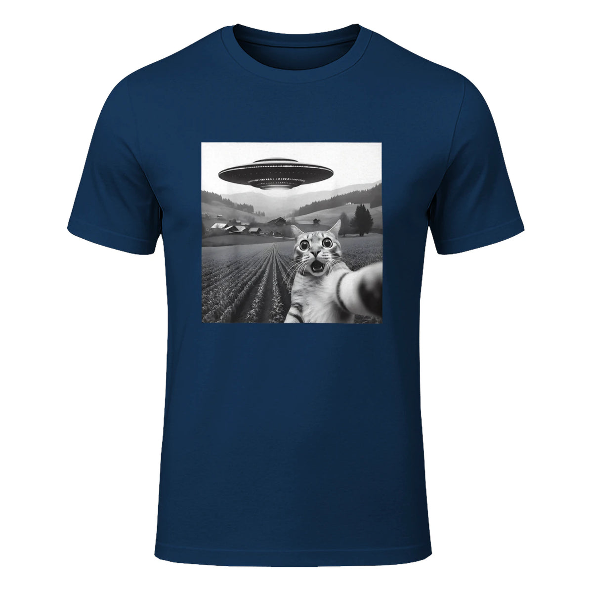 Cat Selfie With Alien UFO Funny Cat Gifts For Men Women Kid T-Shirt in Navy - front view