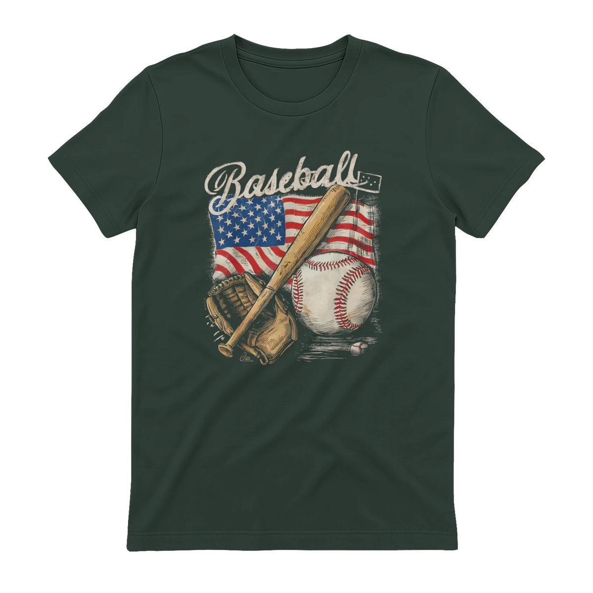 American Flag Baseball Player Bat Fan Catcher Pitcher USA T-Shirt in Forest Green - back view