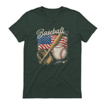American Flag Baseball Player Bat Fan Catcher Pitcher USA T-Shirt in Forest Green - back view