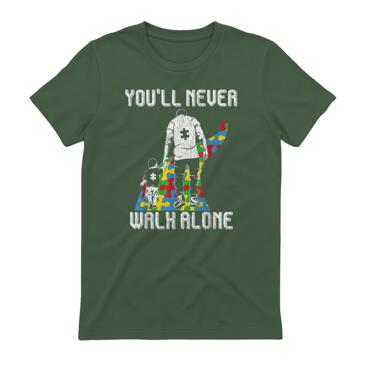 Vintage Father Son Family Autistic Kids Autism Awareness Dad in Military Green - back view