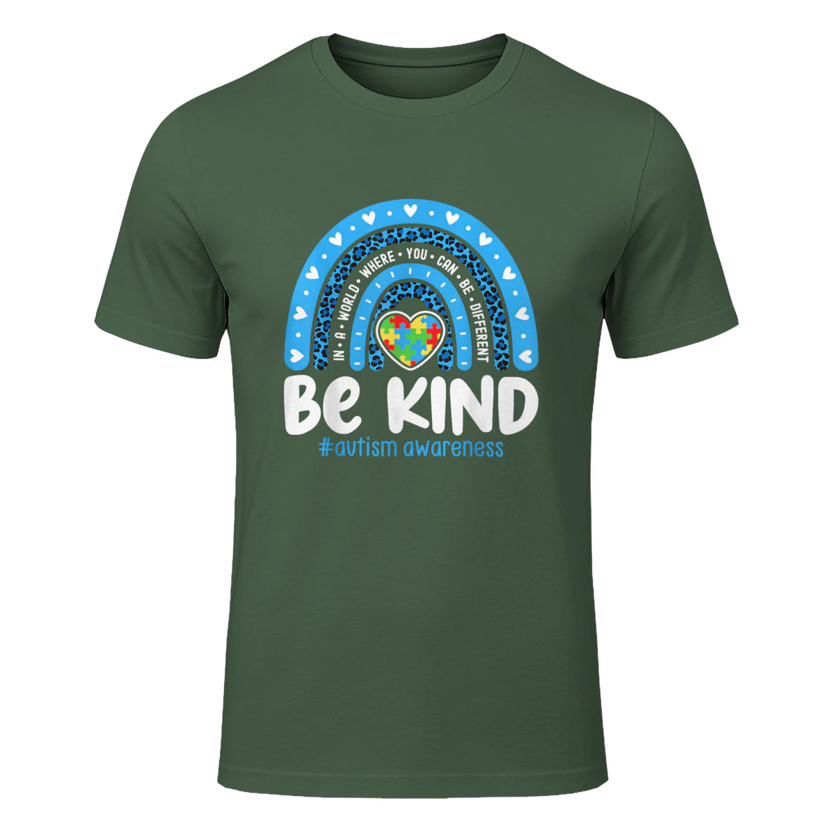 In April We Wear Blue Autism Ribbon T-Shirt in Military Green - front view