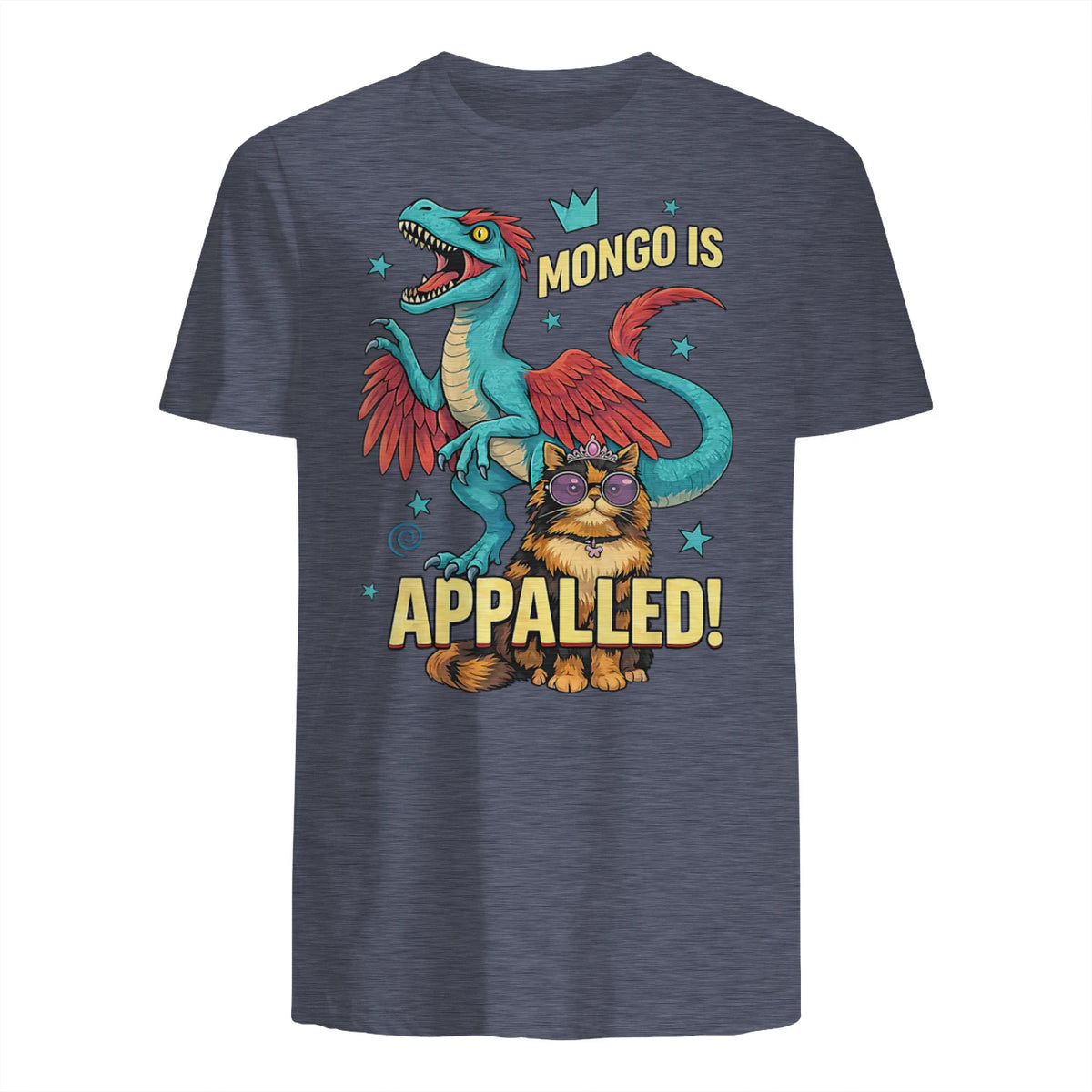 Retro Mongo is Appalled Princess Cat Riding Dinosaur Womens T-Shirt in Heather Navy - back view