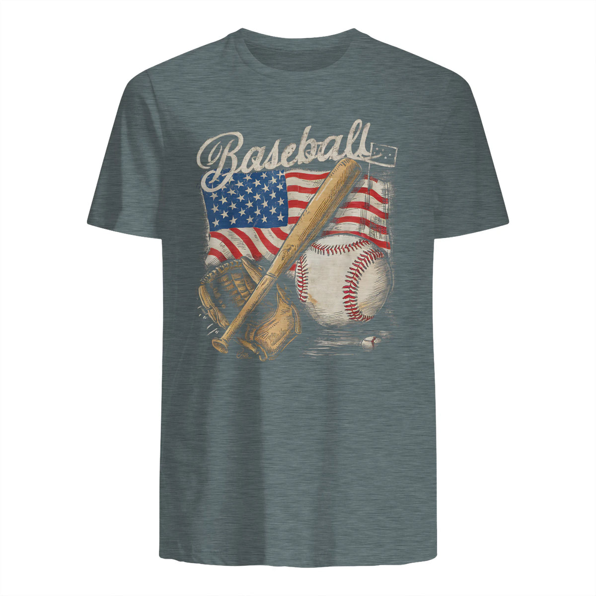 American Flag Baseball Player Bat Fan Catcher Pitcher USA T-Shirt in Dark Heather - back view