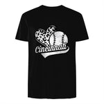 Vintage Cincinnati Baseball Leopard Heart Baseball Fans T-Shirt in Black - back view