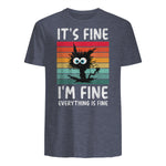 It's Fine I'm Fine Everything Is Fine Funny Black Cat T-Shirt in Heather Navy - back view
