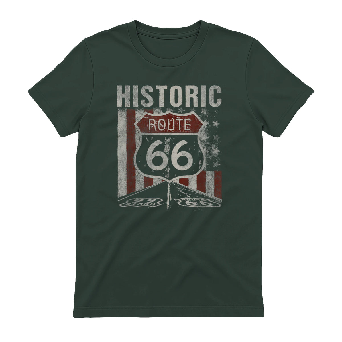 Historic USA Route Sixty-Six Highway Road Sign T-Shirt in Forest Green - back view