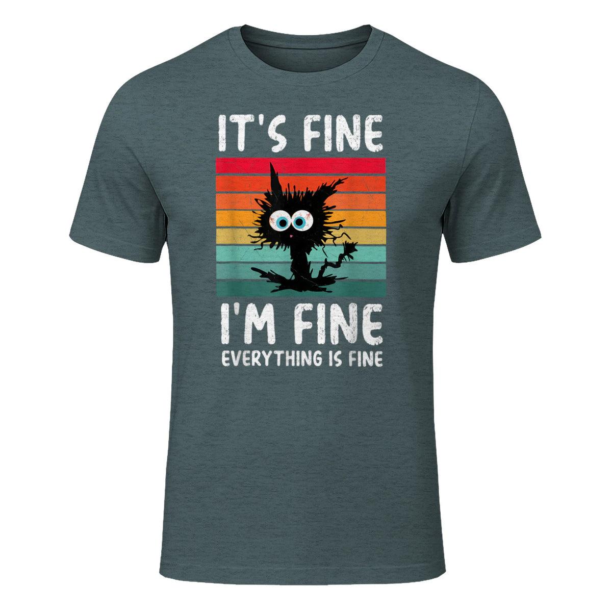 It's Fine I'm Fine Everything Is Fine Funny Black Cat T-Shirt in Dark Heather - front view