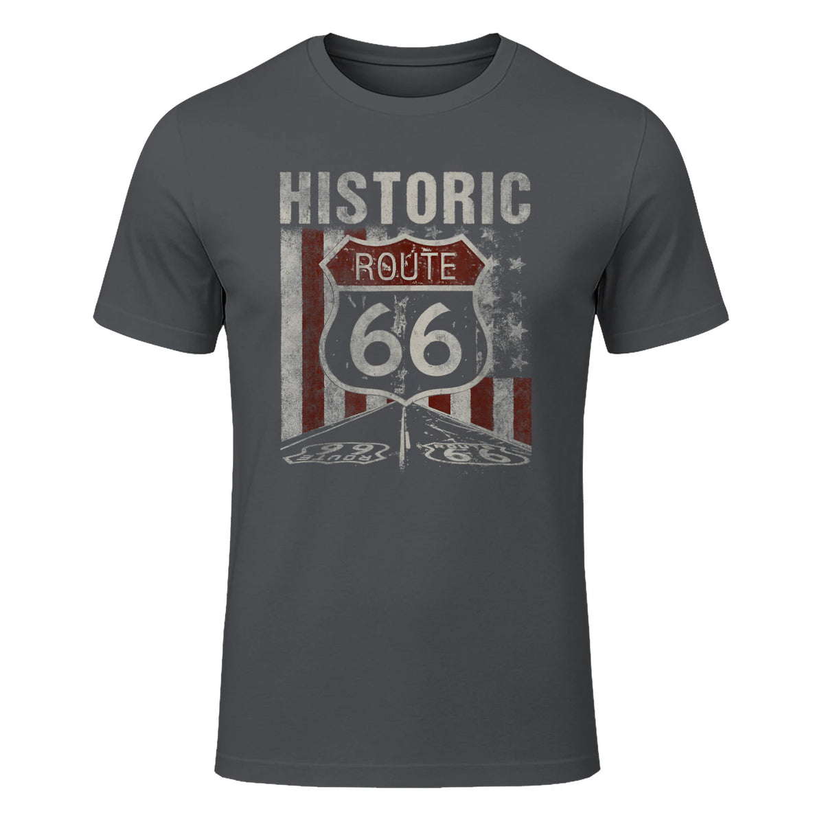 Historic USA Route Sixty-Six Highway Road Sign T-Shirt in Charcoal - front view