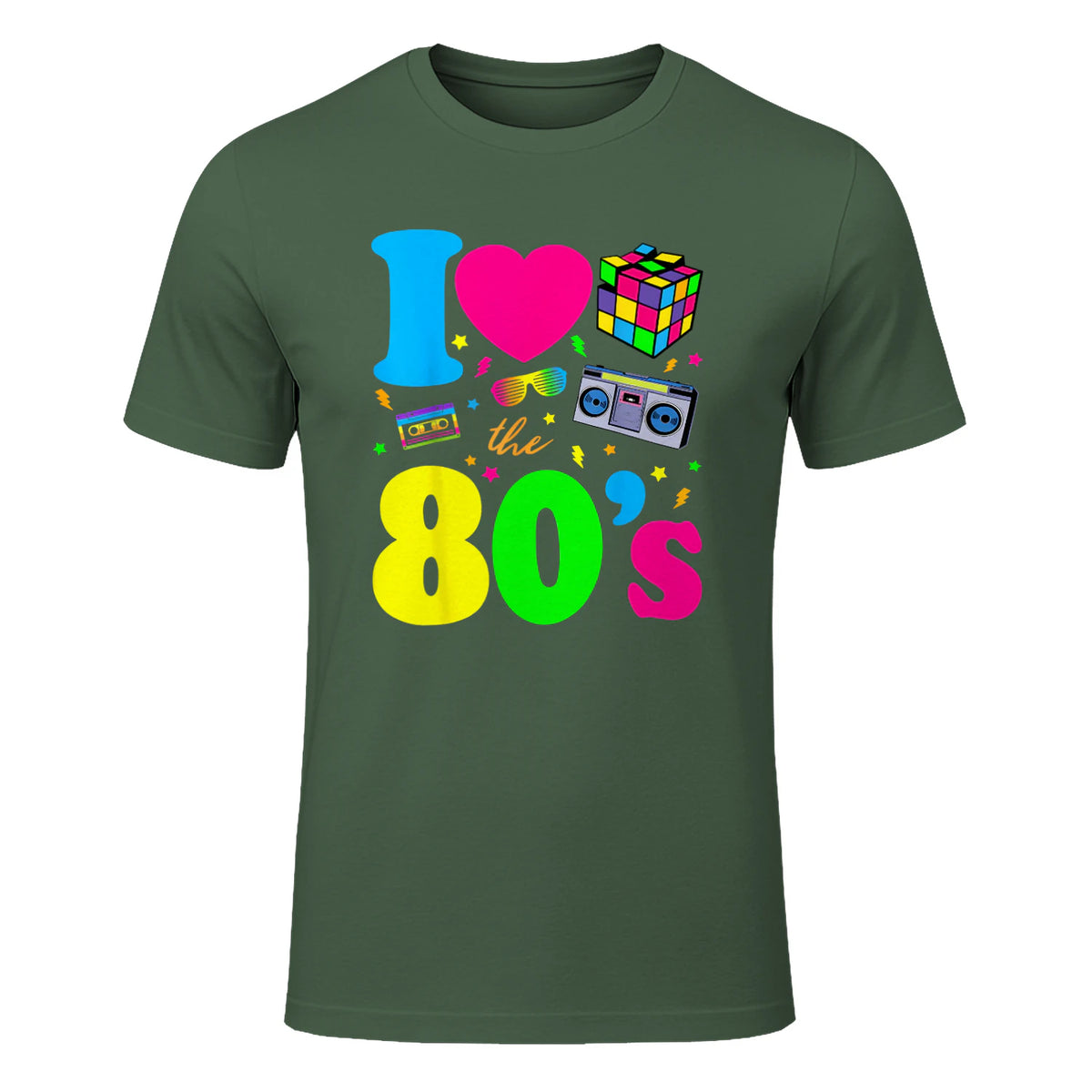 I Love the Eighties Classic Nostalgia T-Shirt in Military Green - front view