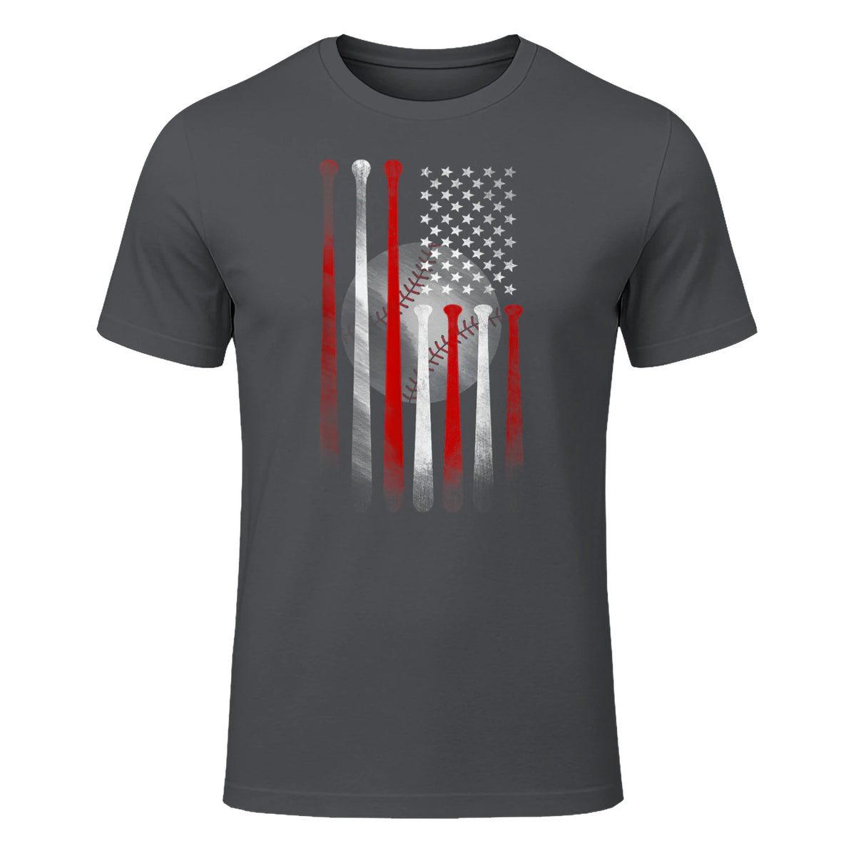 Vintage Baseball American Flag T-Shirt, Classic Fit Black Tee for Dad in Charcoal - front view