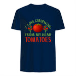I Love Gardening From My Head Tomatoes Funny T-Shirt in Navy - back view