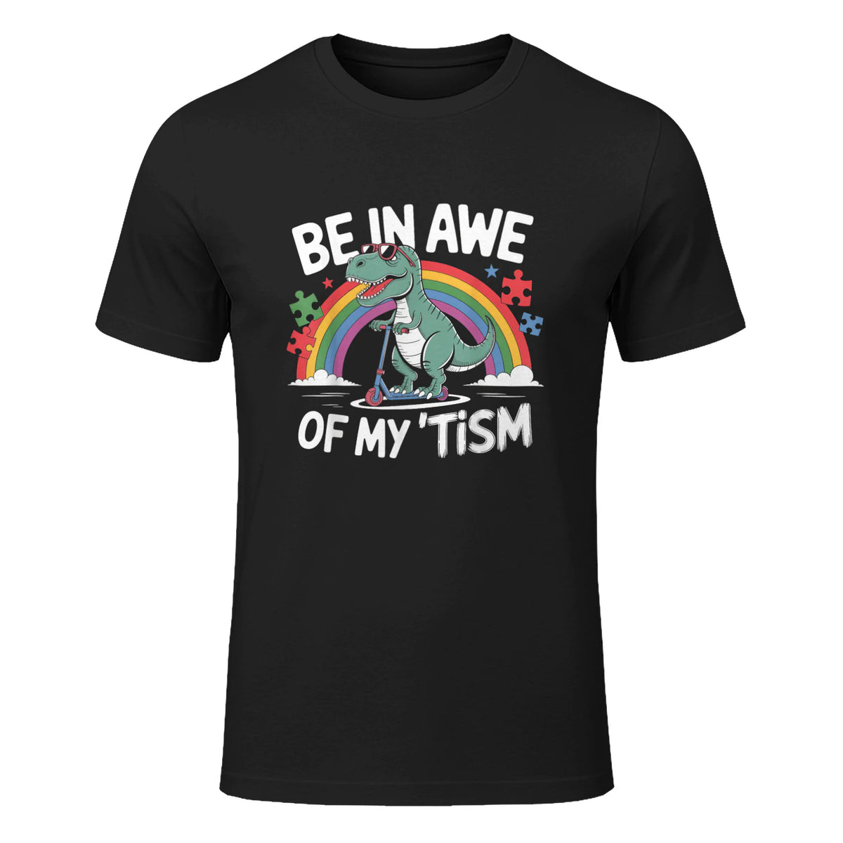 Trex Dinosaur Autism Awareness Be in Awe of My Tism Kids in Black - front view