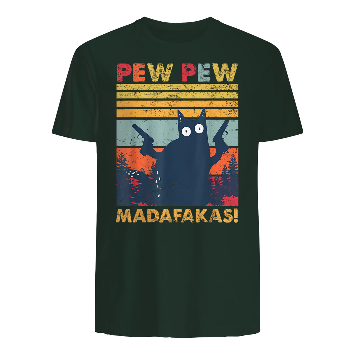 Pew Pew Madafakas Vintage verrückte Katze lustige Grafik in Forest Green - back view