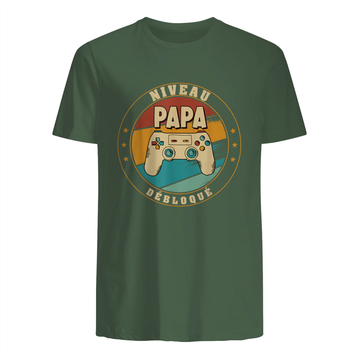 Nouveau Papa Parents Humour Gamer Nouvelle Naissance Annonce T-Shirt in Military Green - back view