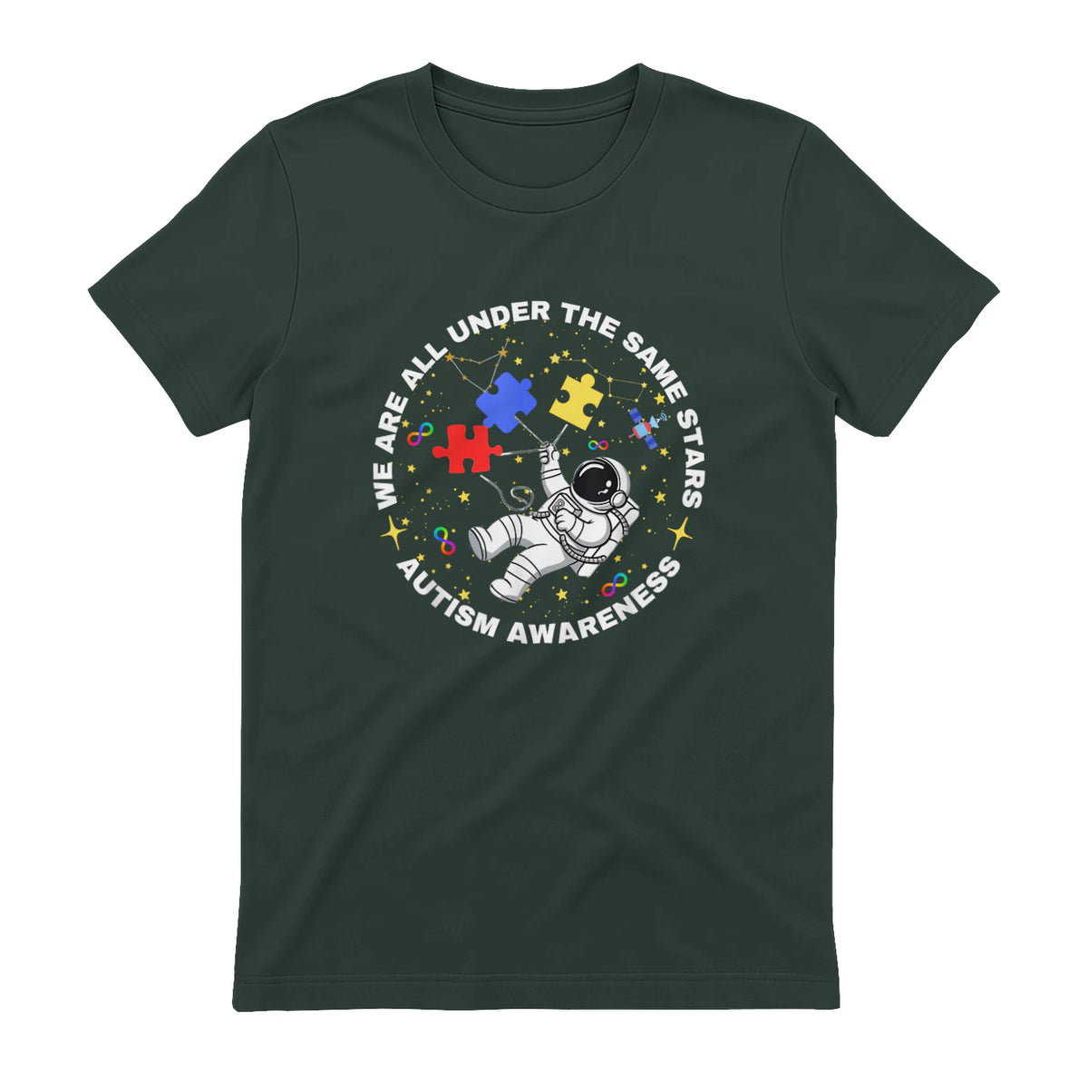 Autism We are All Under The Same Stars Space Astronaut in Forest Green - back view