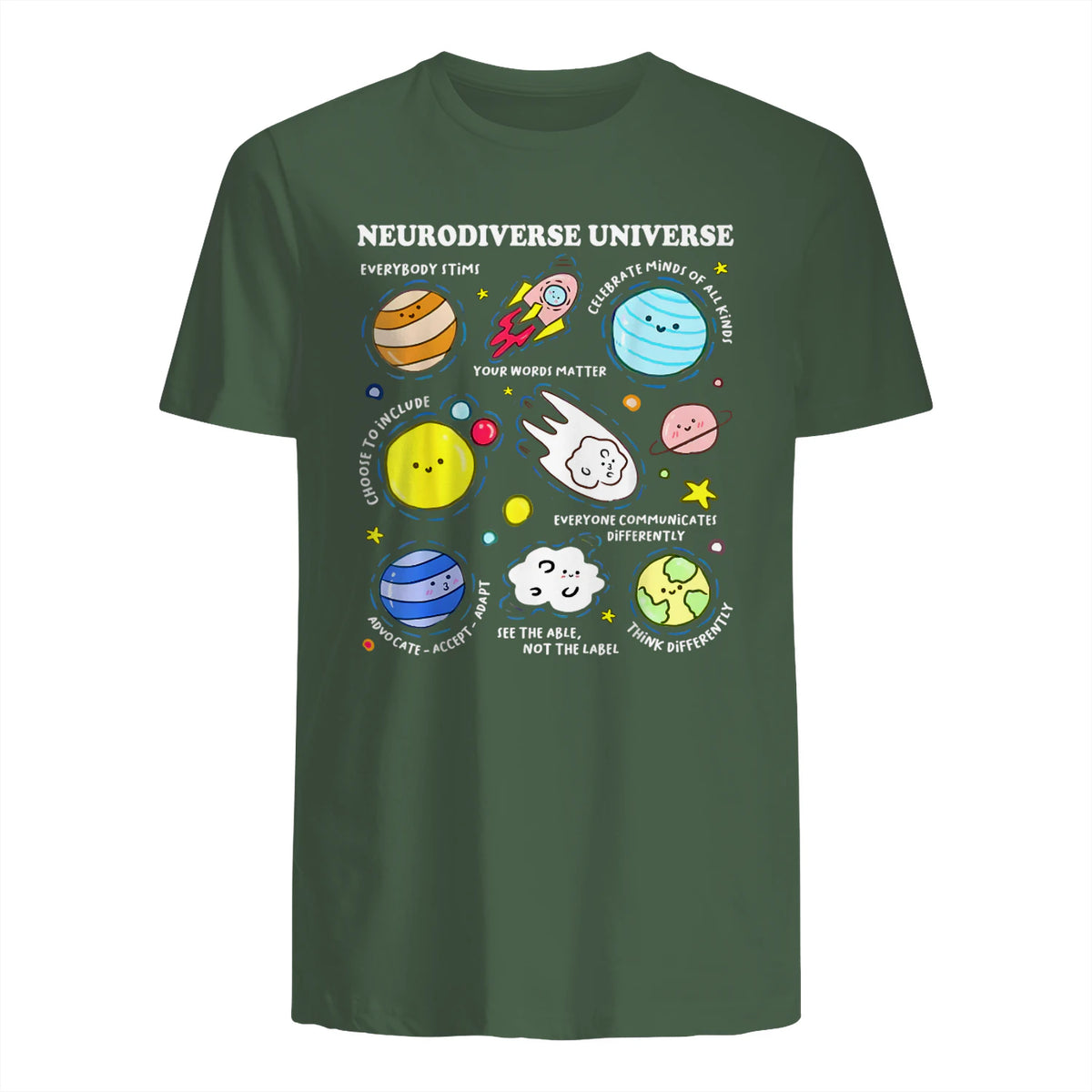 Kids Autism Awareness Neurodiverse Universe Neurodiversity in Military Green - back view