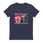 Born to Dilly Dally Forced to Lock in Cat Meme T-Shirt in Heather Navy - back view