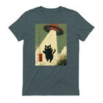 Vintage Japanische Katze Alien Cat Dad UFO Abduktion Graphic Tee T-Shirt in Dark Heather - back view