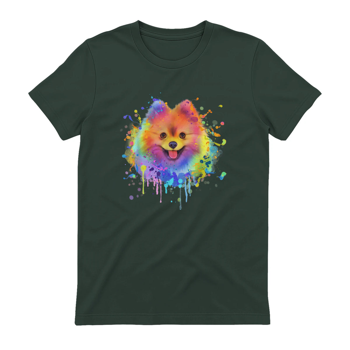 Colorful Splash Art Poméranie Portrait Pom Puppy Owner in Forest Green - back view