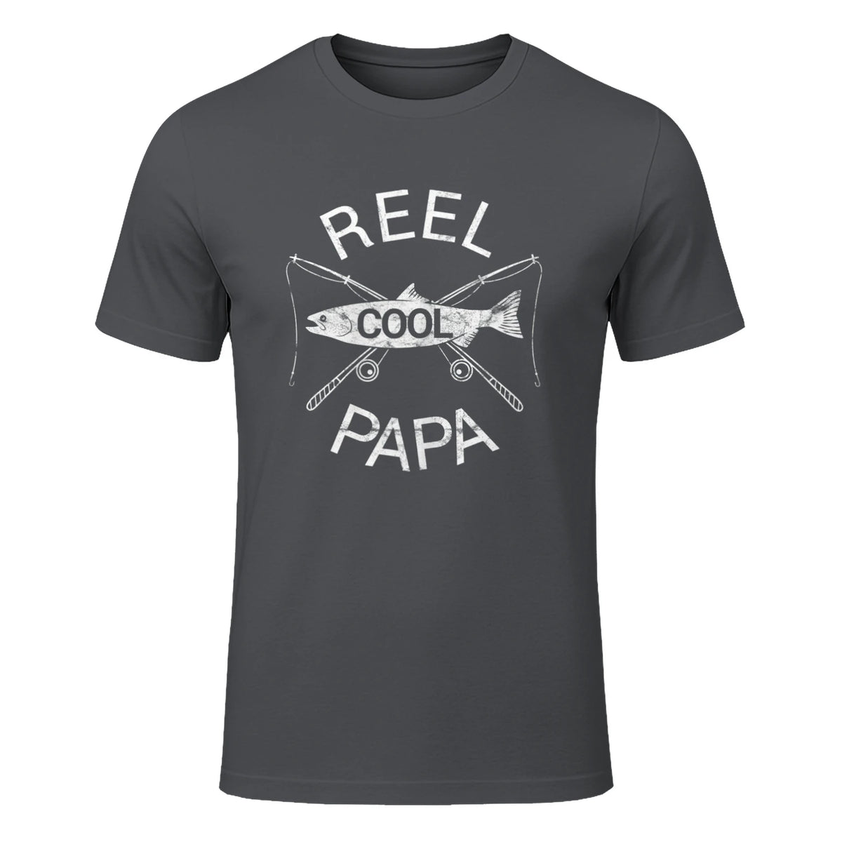 Funny Fishing Reel Cool Papa Dad Joke T-Shirt in Charcoal - front view