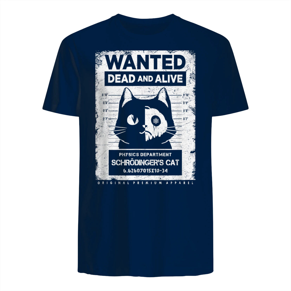 Schrödinger's Cat Wanted Dead And Alive Physics Physicist T-Shirt in Navy - back view