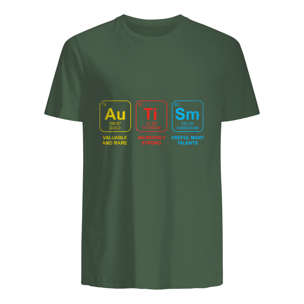Autism Awareness Periodic Table ASD T-Shirt in Military Green - back view
