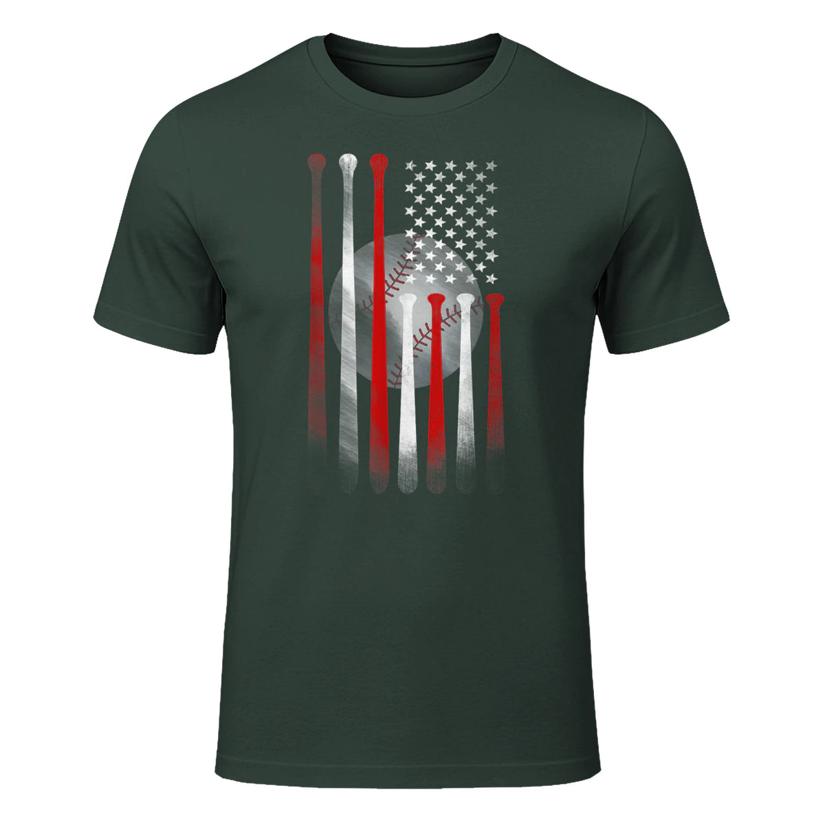 Vintage Baseball American Flag T-Shirt, Classic Fit Black Tee for Dad and Mom in Forest Green - front view