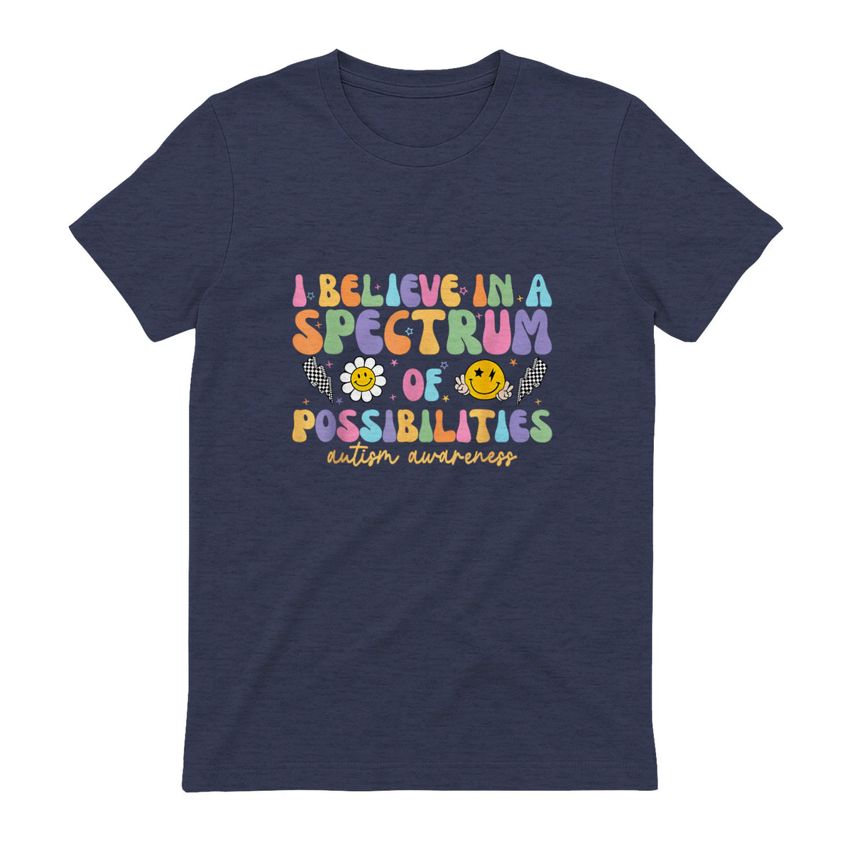 I Believe in A Spectrum of Possibilities Autism Awareness in Heather Navy - back view