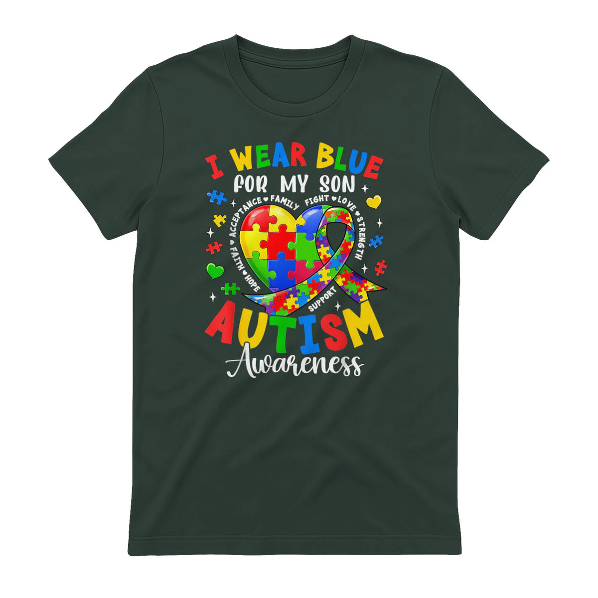 I Wear Blue for My Son Autism Awareness for Women Autism Mom in Forest Green - back view
