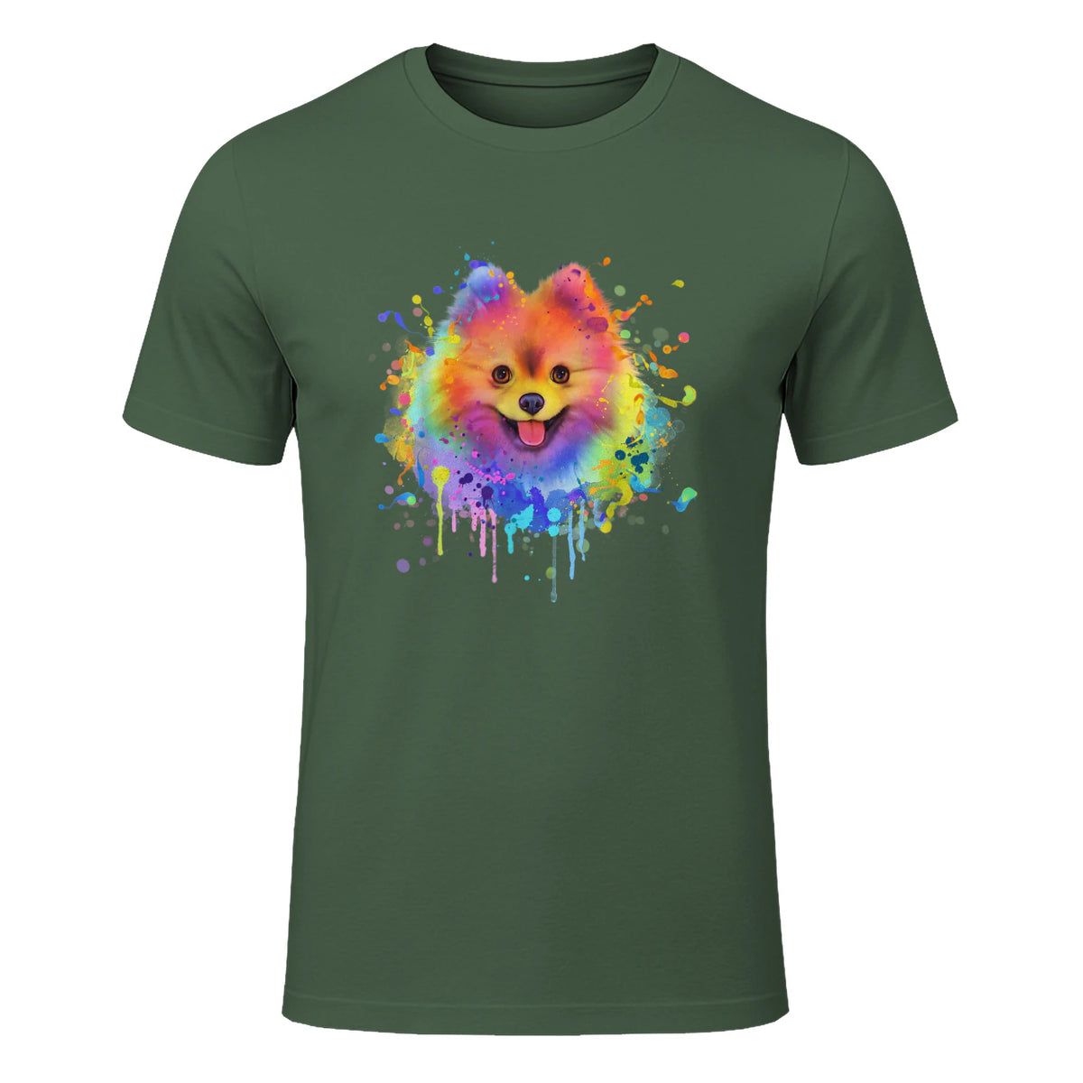 Colorful Splash Art Poméranie Portrait Pom Puppy Owner in Military Green - front view
