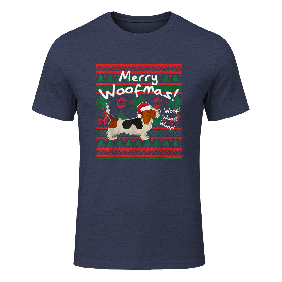 Basset Hound Chemise de Noël Merry Woofmas Père Noël Chien in Heather Navy - front view