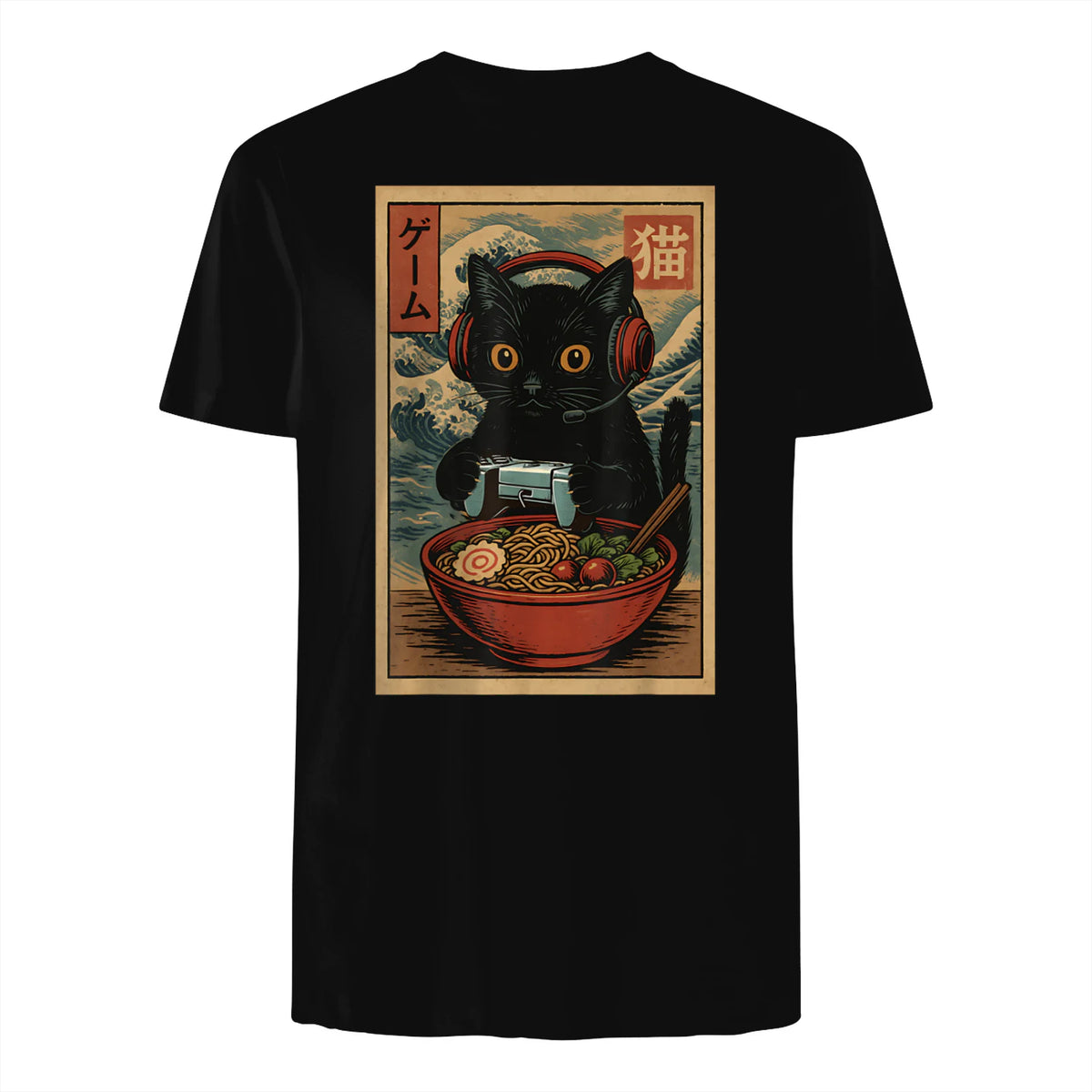 Cute Kawaii Gamer Cat Funny Ramen Retro Japanese Cat Gaming T-Shirt in Black - back view