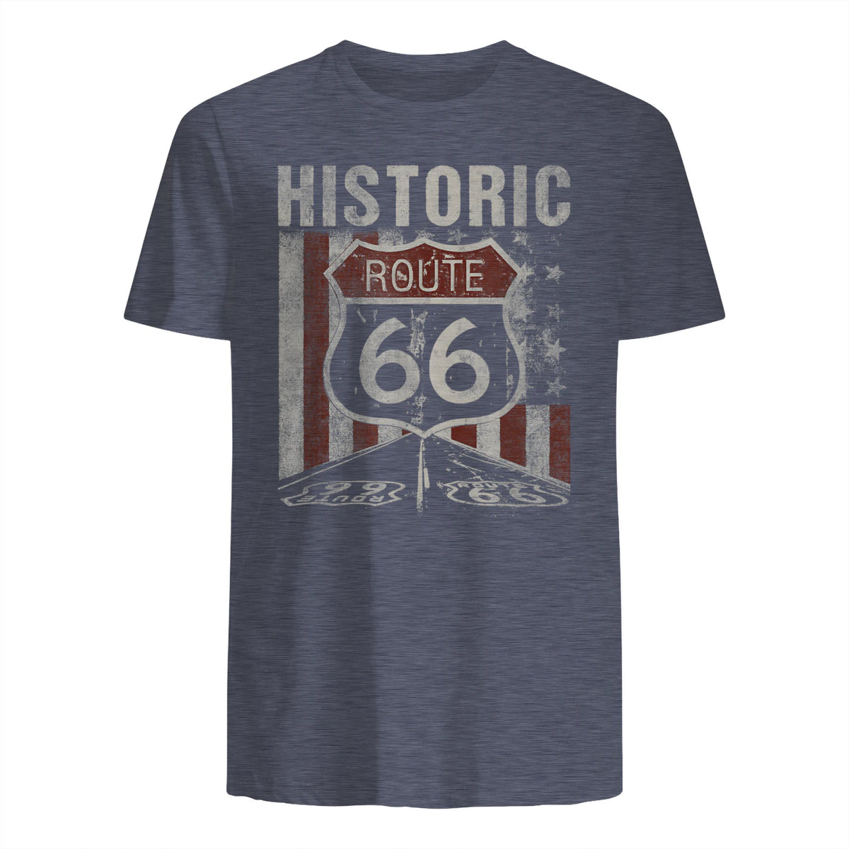 Historic USA Route Sixty-Six Highway Road Sign T-Shirt in Heather Navy - back view