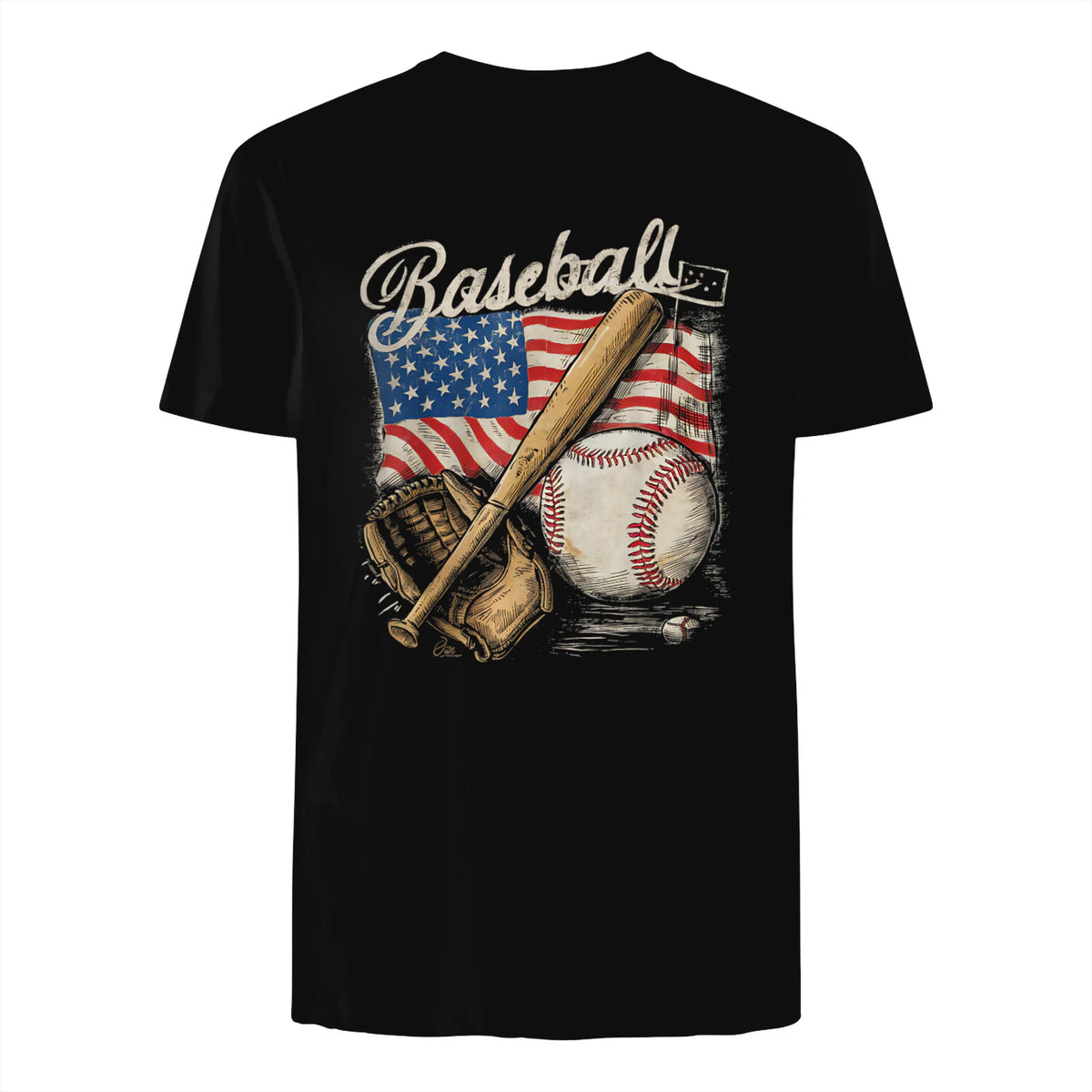 American Flag Baseball Player Bat Fan Catcher Pitcher USA T-Shirt in Black - back view