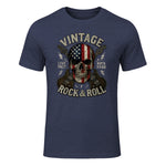 Vintage Rock Skull American Flag Guitar Retro Rock and Roll T-Shirt in Heather Navy - front view