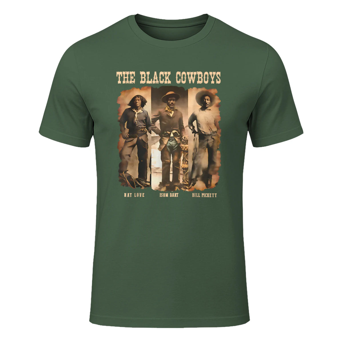 Black Cowboy Western Rodeo Melanin Black History Texas Men T-Shirt in Military Green - front view