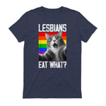 Lesbians Eat What? LGBT Lesbian Girlfriend Funny Cat Gift T-Shirt in Heather Navy - back view