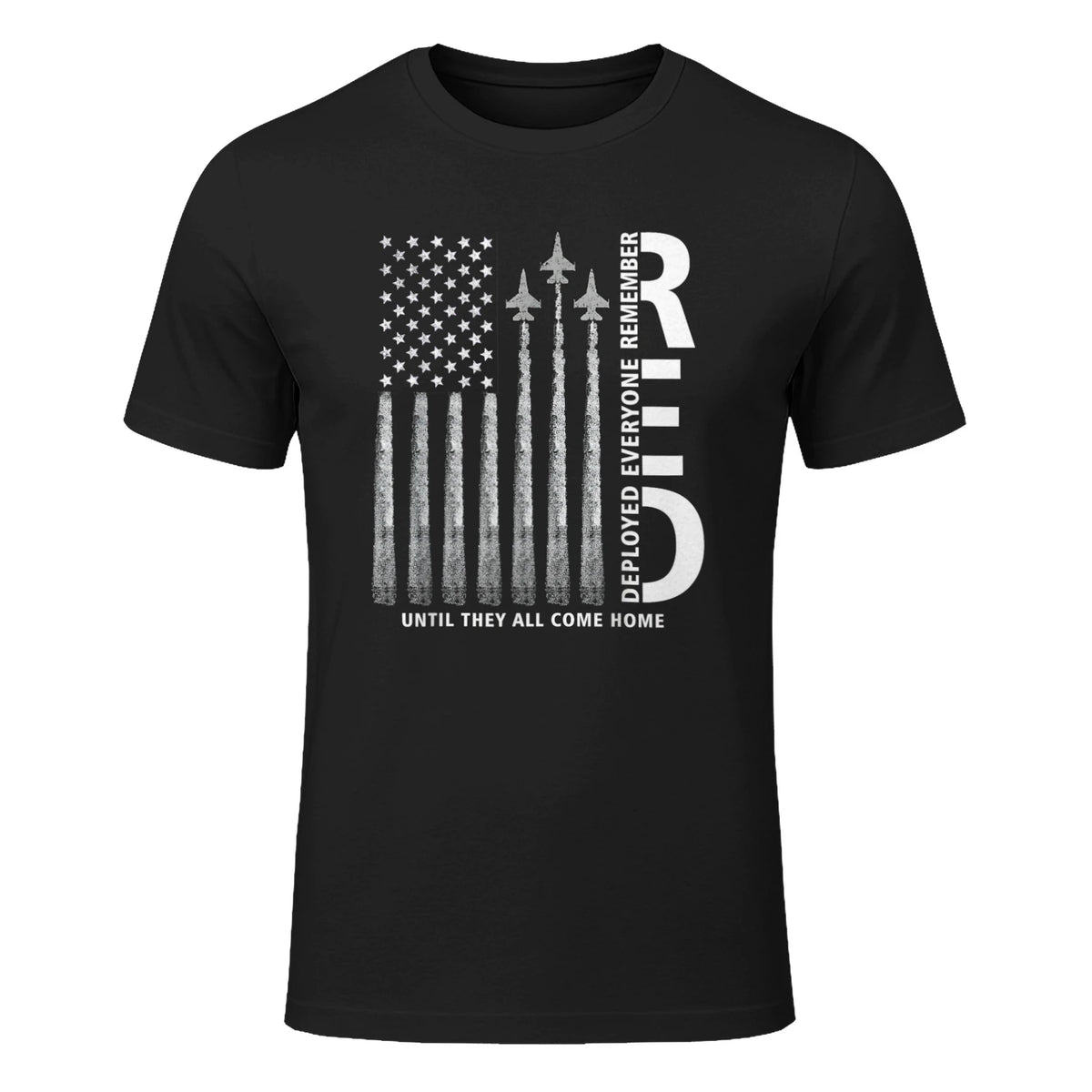 Remember Everyone Deployed RED Friday Military American Flag T-Shirt in Black - front view