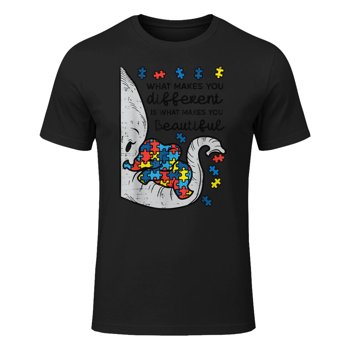 What Makes You Different Autism Awareness T-Shirt in Black - front view