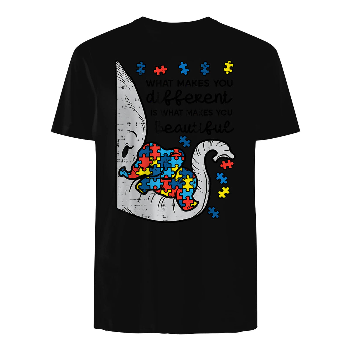 What Makes You Different Autism Awareness T-Shirt in Black - back view