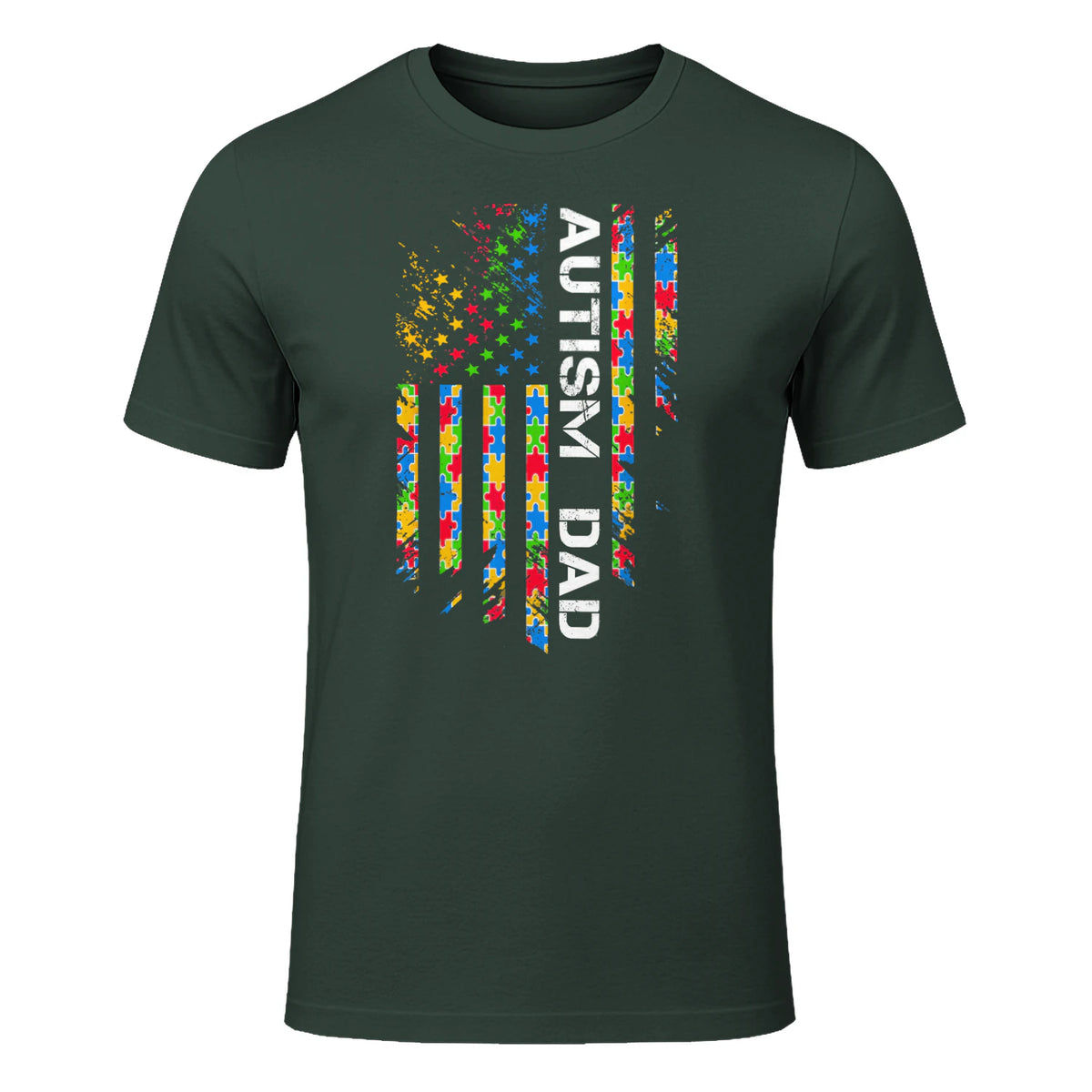 Autism Dad Awareness American Flag USA T-Shirt in Forest Green - front view