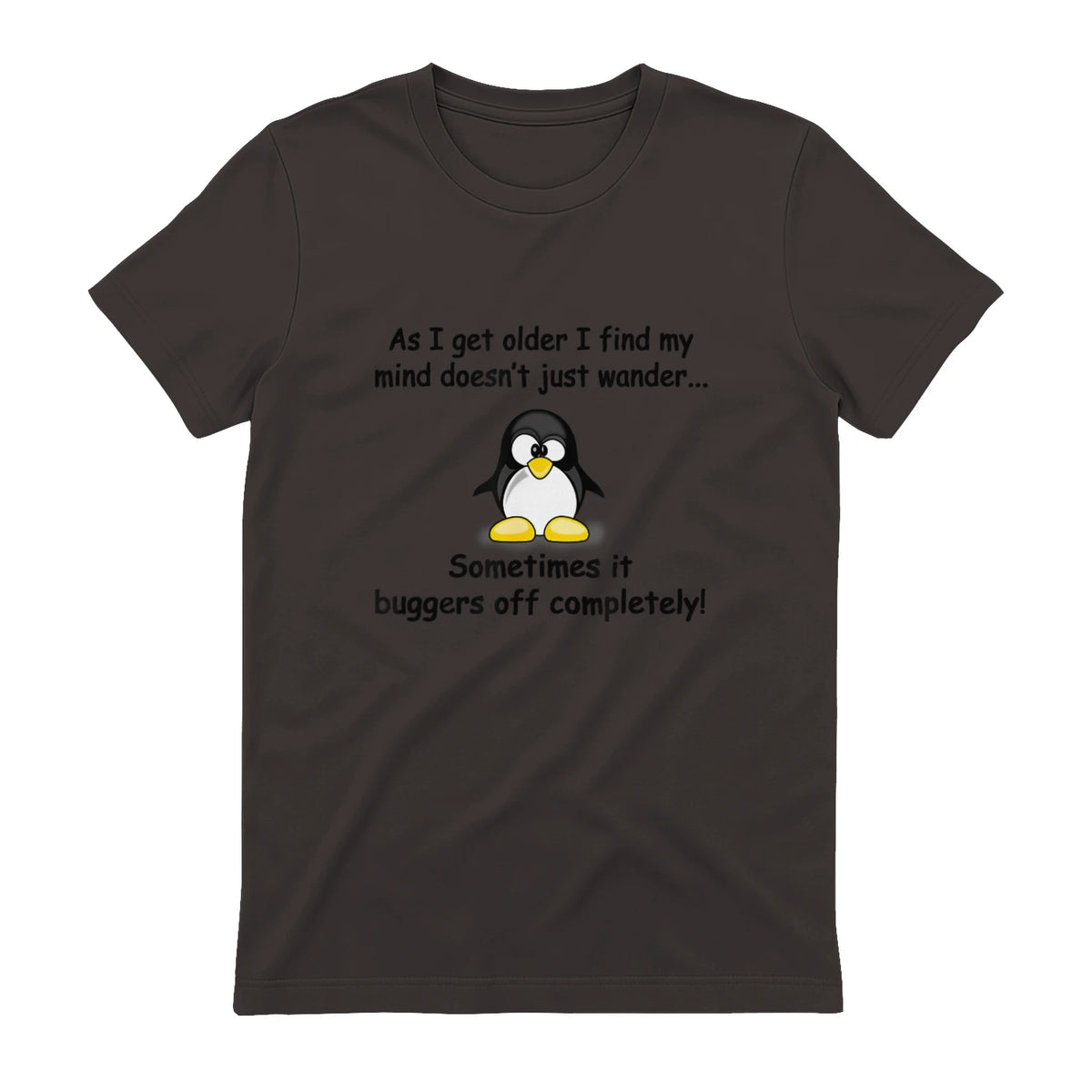 Funny silly penguin t-shirt mens ladies retirement gift in Dark Chocolate - back view