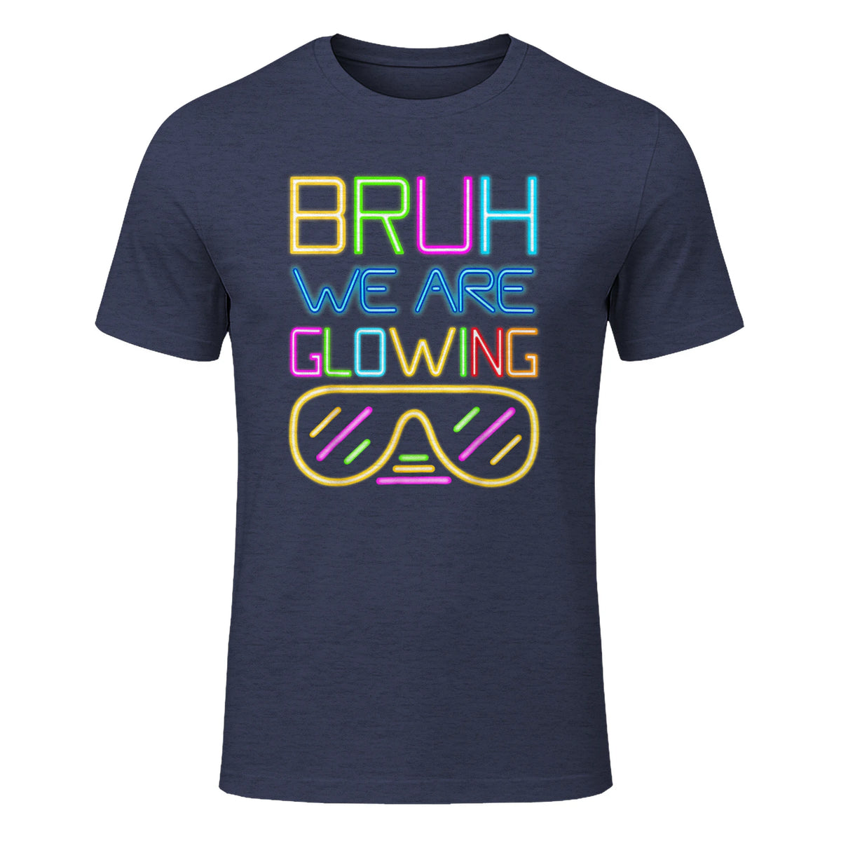 Bruh We are Glowing in My Glowing Era Hello Summer Vacation T-Shirt in Heather Navy - front view
