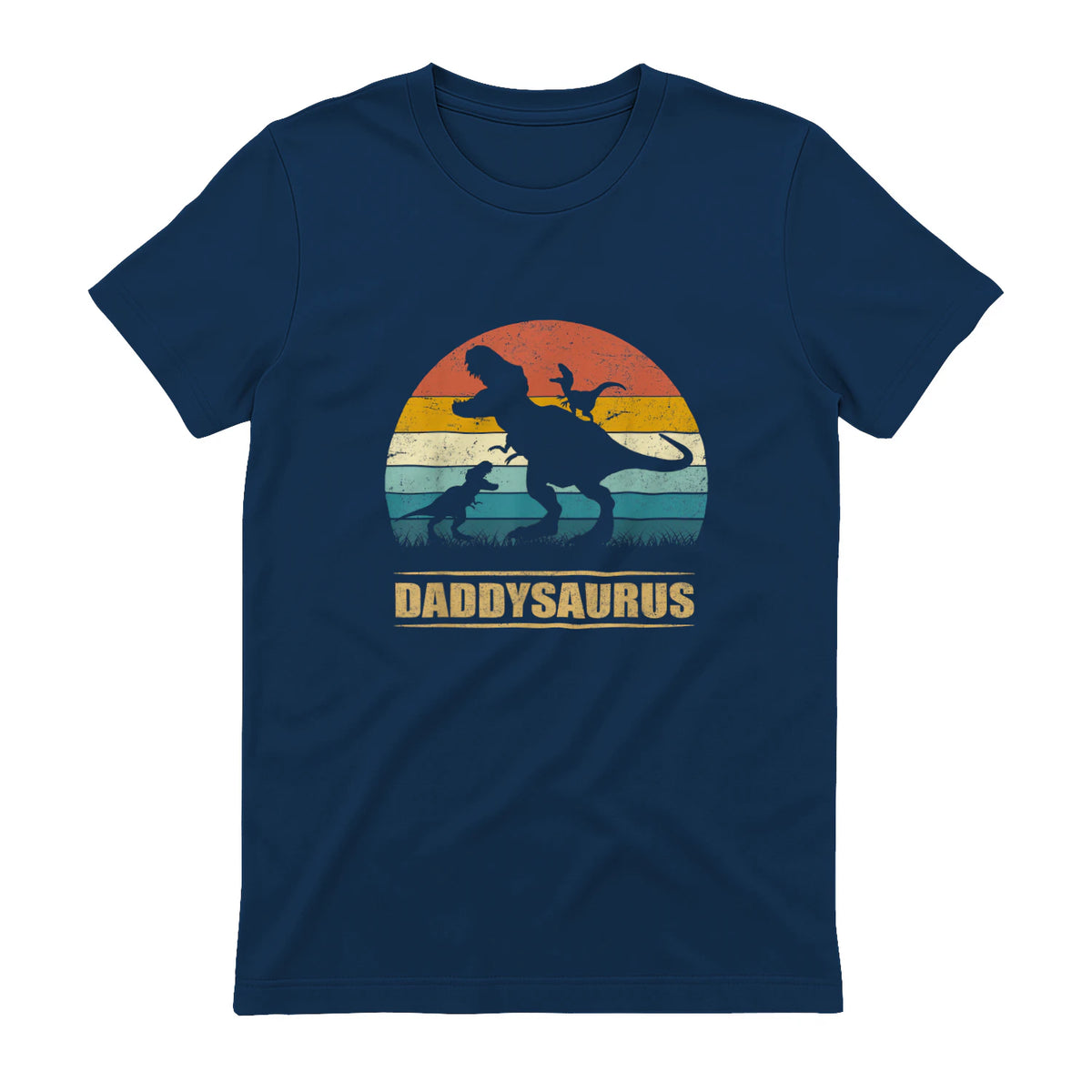 Daddy Dinosaur Daddysaurus Two Kids Funny Father's Day T-Shirt in Navy - back view