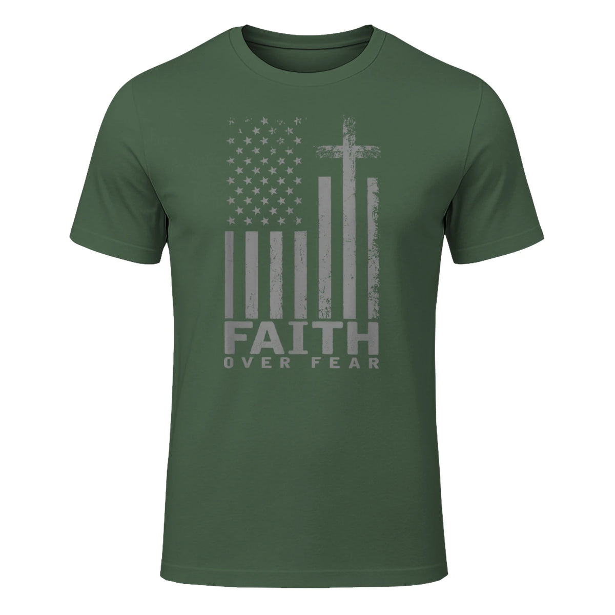 America Pride US Flag Faith Over Fear Prayer T-Shirt in Military Green - front view