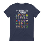 Types Of Dinosaurs Alphabet Dino Identification T-Shirt in Heather Navy - back view